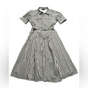 Basque cotton white and army green stripped collard belted lined dress size 16.